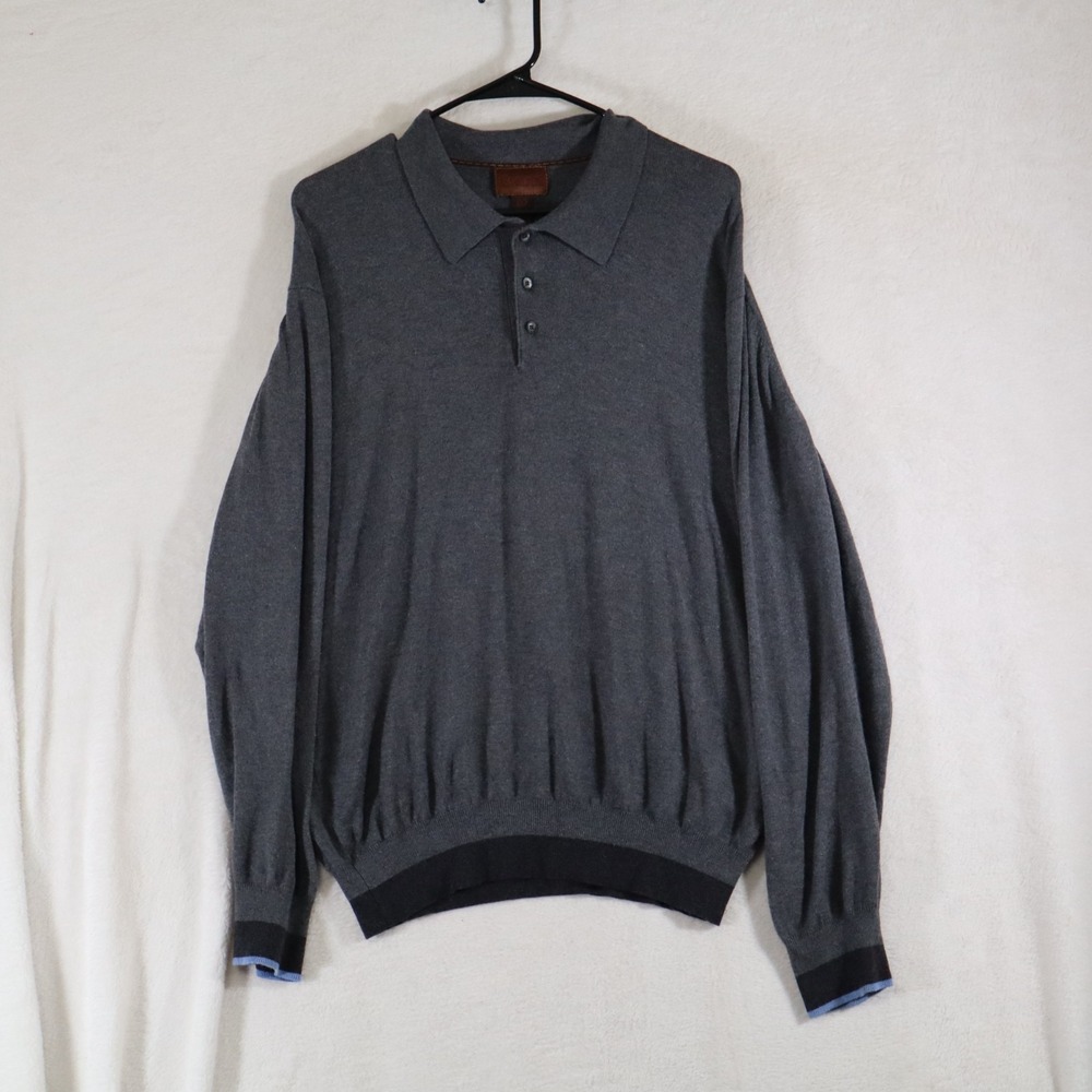 Born Men's Size L Gray Silk Cashmere Blend Polo Sweater Long Sleeve Knit